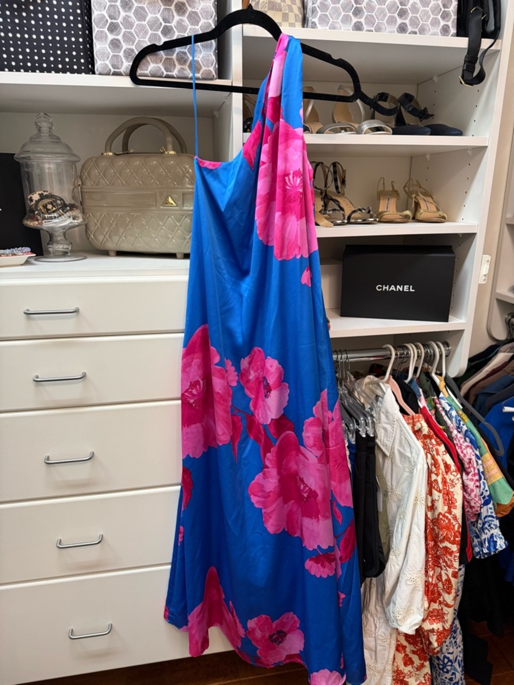 Sugarlips One-Shoulder Blue Dress with Pink Floral Print